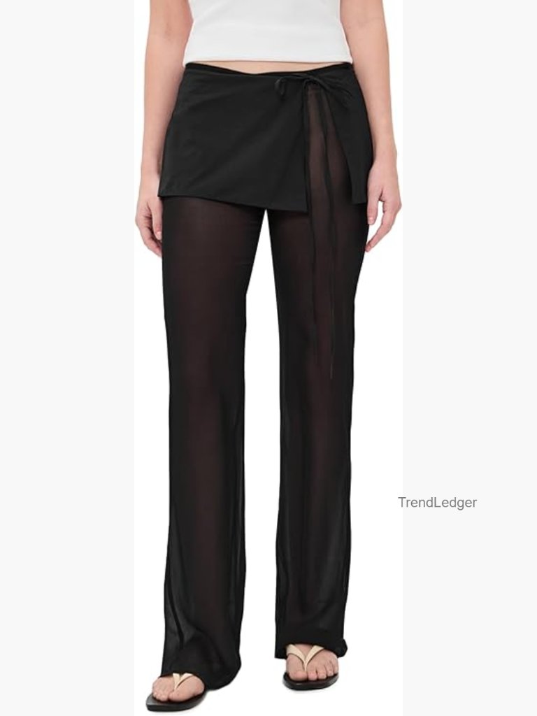 Structured Overlay Crepe Pants With Sheer Panel Detail - Straight Leg